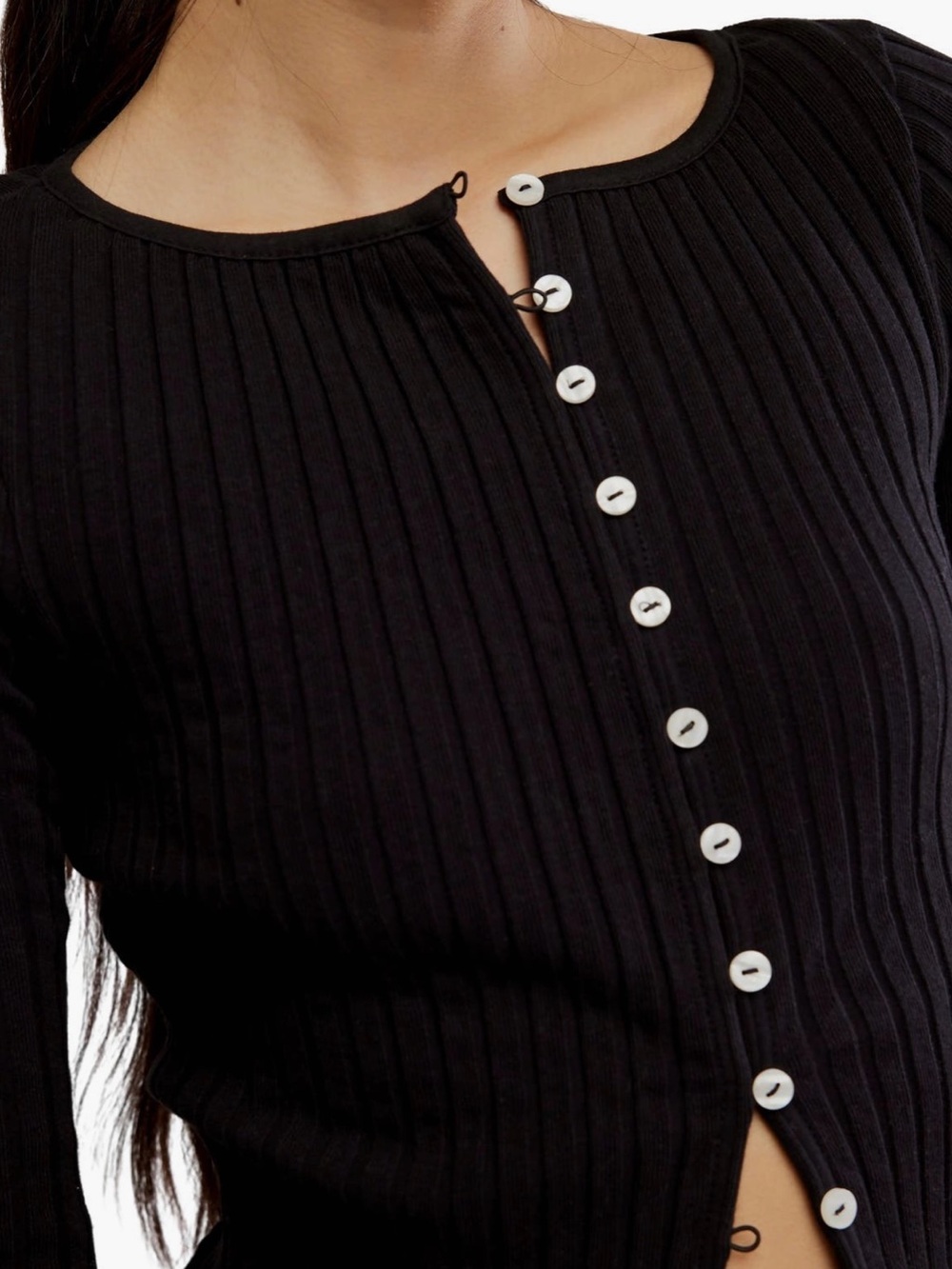 Free People Tilly Black Ribbed Button-Front Long Sleeve Top - Picture 3 of 11